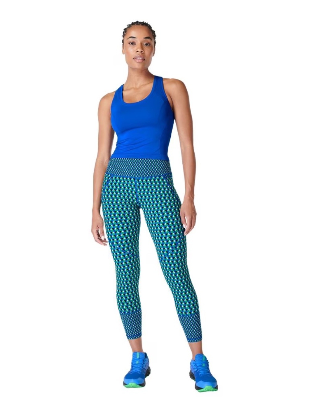 NWT Sweaty Betty Women's Power Workout 7/8 Ankle Print Leggings Blue geo print